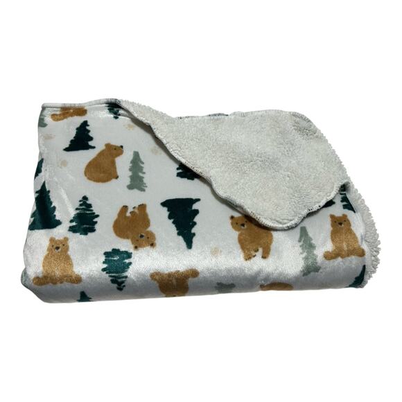 Chick Pea Bear Trees Baby Blanket Sherpa Forest Woodland Brown Green White - Picture 1 of 6